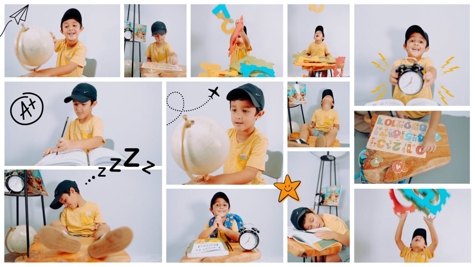 Collage of a young boy posing with a globe, books and a clock on a white studio set